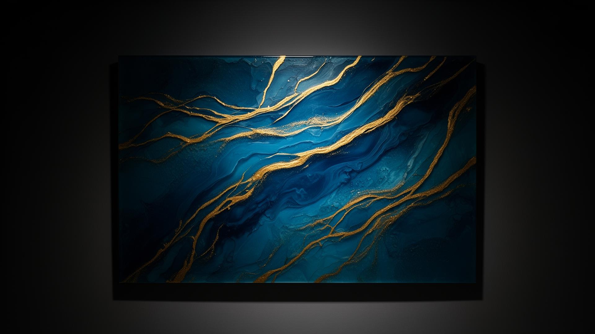 Handcrafted resin wall art with deep ocean blue and gold veins